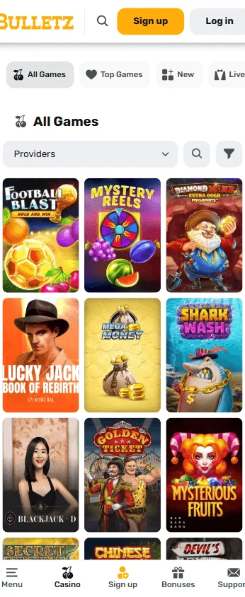 Bulletz Casino games area adapted for a mobile browser