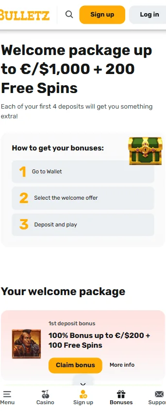 Bulletz Casino promotions area adapted for a mobile browser