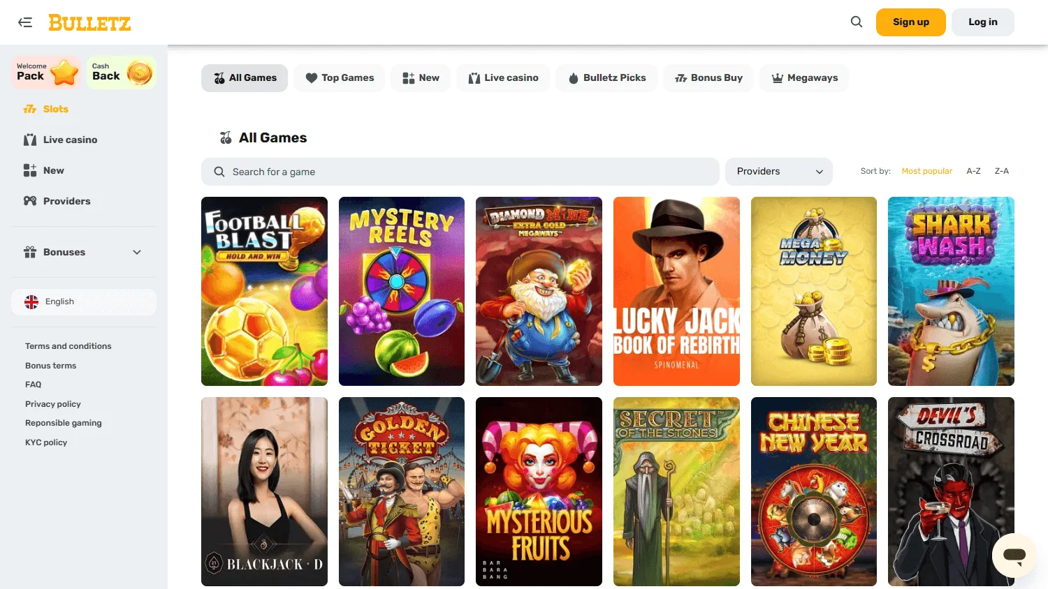 Bulletz Casino desktop games area with casino categories and titles