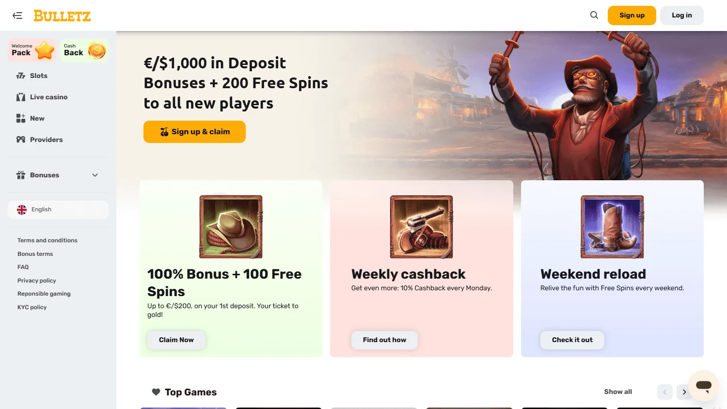 Bulletz Casino desktop home screen with the Australian welcome offer