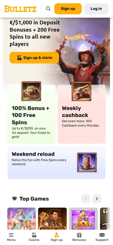 Bulletz Casino home screen opened in a mobile web browser