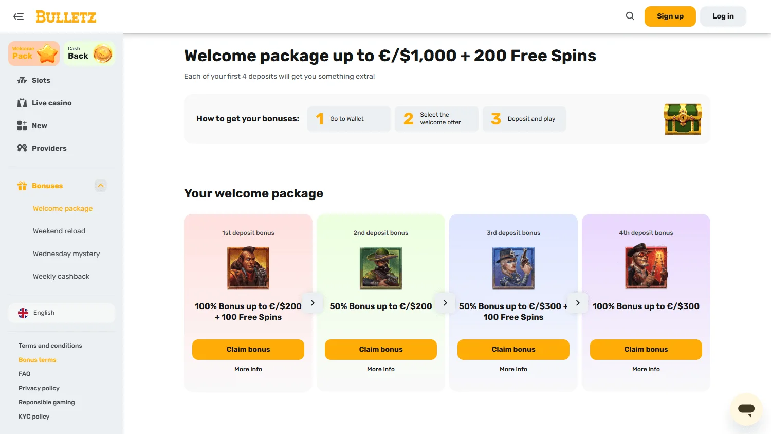Bulletz Casino desktop promotions area with welcome and recurring offers